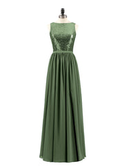Paillettes et Mousseline Robe avec Fente Olive Verte