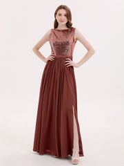 Paillettes et Mousseline Robe avec Fente terracotta Grande Taille