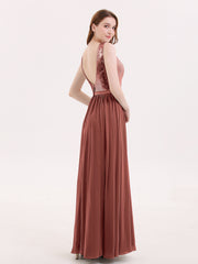Paillettes et Mousseline Robe avec Fente terracotta