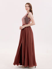 Paillettes et Mousseline Robe avec Fente terracotta