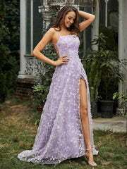 Robe Florale à Encolure Carrée avec Traîne Balayage et Fente Jonquille Grande Taille