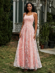 Robe de Bal Florale Appliquée à Bretelles Spaghetti et Lacet Jonquille