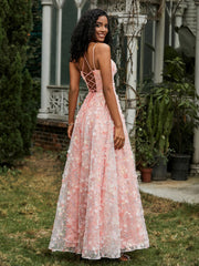 Robe de Bal Florale Appliquée à Bretelles Spaghetti et Lacet Lilas