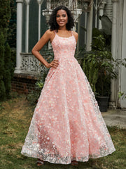 Robe de Bal Florale Appliquée à Bretelles Spaghetti et Lacet Sauge Poudrée