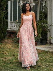 Robe de Bal Florale Appliquée à Bretelles Spaghetti et Lacet Jonquille