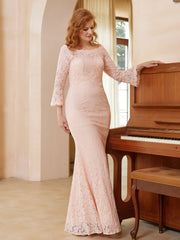 Robe Longueur au Sol en Dentelle à Col en Scoop Rose Perle