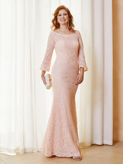 Robe Longueur au Sol en Dentelle à Col en Scoop Rose Perle