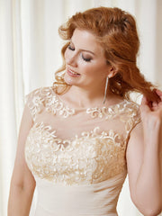 Robe de A-ligne en Mousseline avec Encolure Illusion Longueur aux Genou en Dentelle Champagne Grande Taille