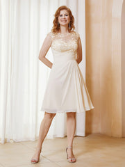 Robe de A-ligne en Mousseline avec Encolure Illusion Longueur aux Genou en Dentelle Champagne Grande Taille