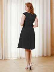 Robe de A-ligne en Mousseline avec Encolure Illusion Longueur aux Genou en Dentelle Noir Grande Taille