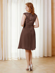 Robe de A-ligne en Mousseline avec Encolure Illusion Longueur aux Genou en Dentelle Chocolat Grande Taille