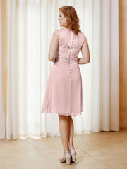 Robe de A-ligne en Mousseline avec Encolure Illusion Longueur aux Genou en Dentelle Rose Poudré Grande Taille