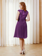 Robe de A-ligne en Mousseline avec Encolure Illusion Longueur aux Genou en Dentelle Raisin