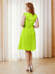 Robe de A-ligne en Mousseline avec Encolure Illusion Longueur aux Genou en Dentelle Vert Citron Grande Taille