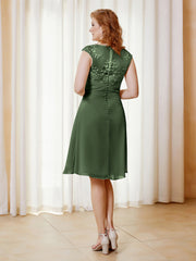 Robe de A-ligne en Mousseline avec Encolure Illusion Longueur aux Genou en Dentelle Olive Verte