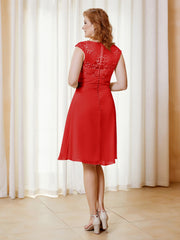 Robe de A-ligne en Mousseline avec Encolure Illusion Longueur aux Genou en Dentelle Rouge