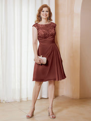 Robe de A-ligne en Mousseline avec Encolure Illusion Longueur aux Genou en Dentelle Terracotta