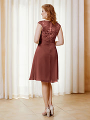 Robe de A-ligne en Mousseline avec Encolure Illusion Longueur aux Genou en Dentelle Terracotta Grande Taille