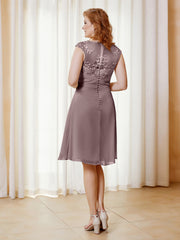 Robe de A-ligne en Mousseline avec Encolure Illusion Longueur aux Genou en Dentelle Vintage Mauve