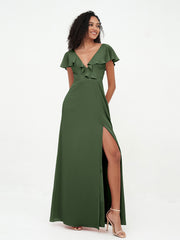 A-ligne Robes à Col en V en Mousseline avec Poches Olive Verte