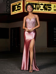 Robe de Soirée en Satin Longueur au Sol à Col en Cœur Rose Poudré