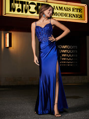 Robe de Soirée en Satin Longueur au Sol à Col en Cœur Bleu Royale