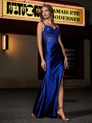 Robe de Soirée en Satin Longueur au Sol à Col en Cœur Bleu Royale