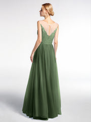 Robe Longue en Dentelle Et Tulle à Décolleté Illusion Olive Verte