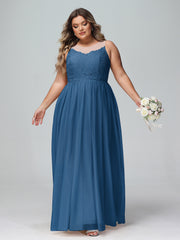 Robe Longue en Dentelle Et Tulle à Décolleté Illusion Bleu Encre Grande Taille