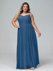 Robe Longue en Dentelle Et Tulle à Décolleté Illusion Bleu Encre Grande Taille