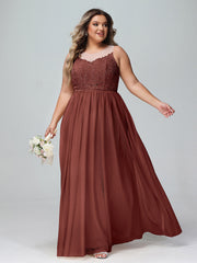 Robe Longue en Dentelle Et Tulle à Décolleté Illusion terracotta Grande Taille