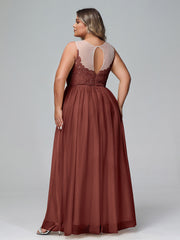 Robe Longue en Dentelle Et Tulle à Décolleté Illusion terracotta Grande Taille