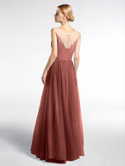 Robe Longue en Dentelle Et Tulle à Décolleté Illusion terracotta