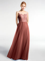 Robe Longue en Dentelle Et Tulle à Décolleté Illusion terracotta
