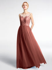 Robe Longue en Dentelle Et Tulle à Décolleté Illusion terracotta