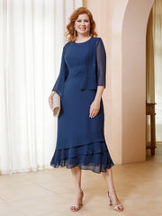 Robe en Mousseline Longueur de Mollet avec Veste Bleu Marine Grande Taille