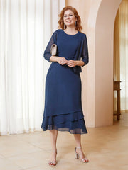 Robe en Mousseline Longueur de Mollet avec Veste Bleu Marine Grande Taille