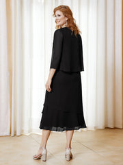 Robe en Mousseline Longueur de Mollet avec Veste Noir Grande Taille