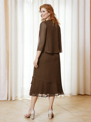 Robe en Mousseline Longueur de Mollet avec Veste Brun