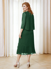 Robe en Mousseline Longueur de Mollet avec Veste Vert Foncé Grande Taille