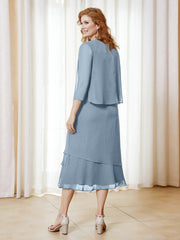 Robe en Mousseline Longueur de Mollet avec Veste Bleu Poudré Grande Taille