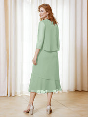 Robe en Mousseline Longueur de Mollet avec Veste Sauge Poudrée Grande Taille