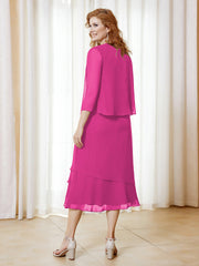 Robe en Mousseline Longueur de Mollet avec Veste Fuchsia Grande Taille