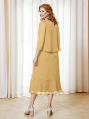 Robe en Mousseline Longueur de Mollet avec Veste Or