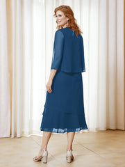 Robe en Mousseline Longueur de Mollet avec Veste Bleu Encre