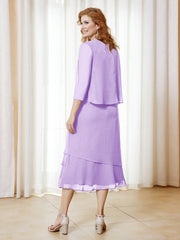 Robe en Mousseline Longueur de Mollet avec Veste Lilas Grande Taille