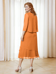 Robe en Mousseline Longueur de Mollet avec Veste Orange Grande Taille