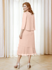 Robe en Mousseline Longueur de Mollet avec Veste Rose Perle