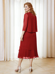 Robe en Mousseline Longueur de Mollet avec Veste Rouge Grande Taille