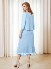 Robe en Mousseline Longueur de Mollet avec Veste Bleu Ciel Grande Taille